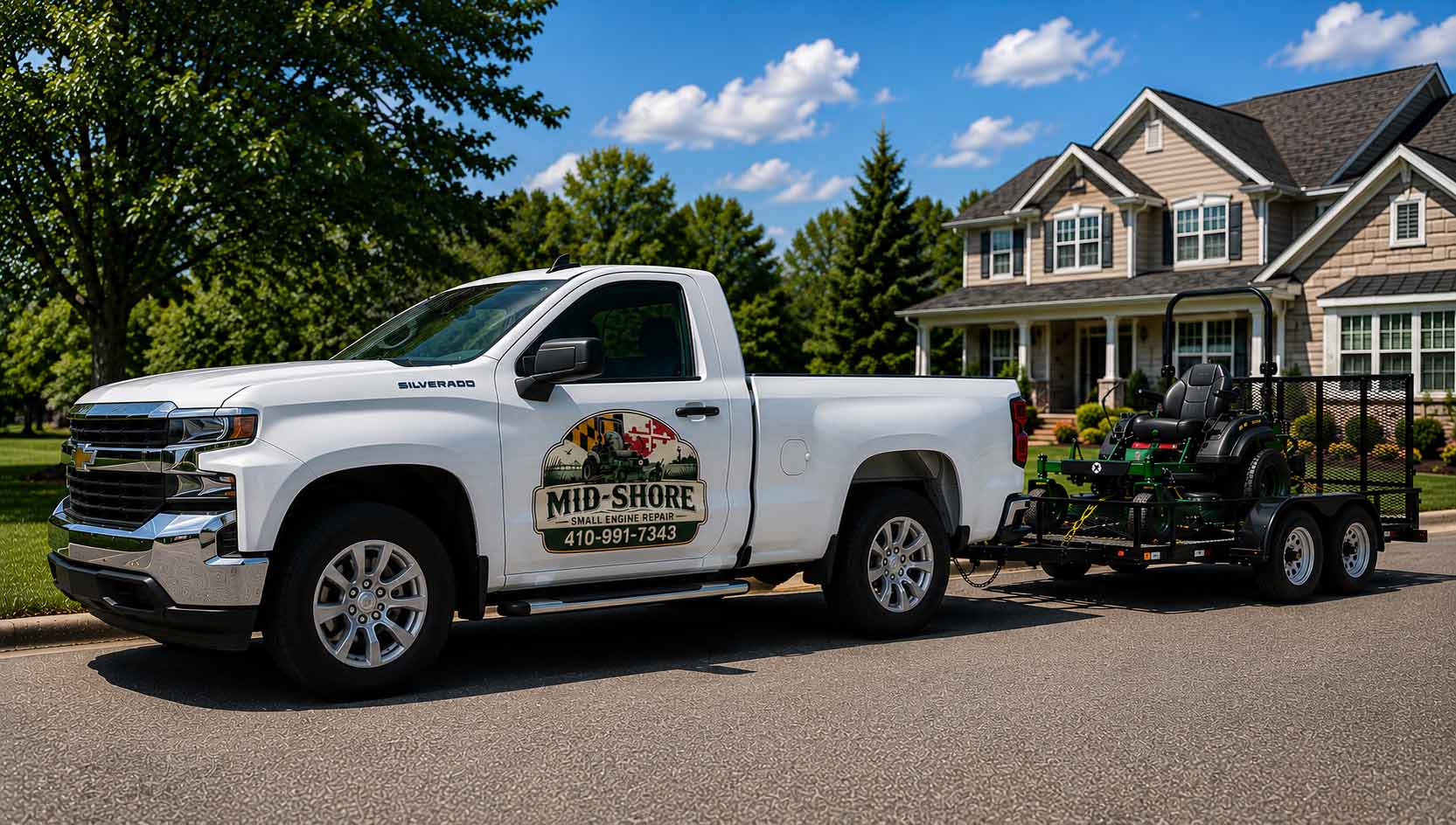 Mid-Shore Small Engine Repair truck towing a mower and equipment trailer