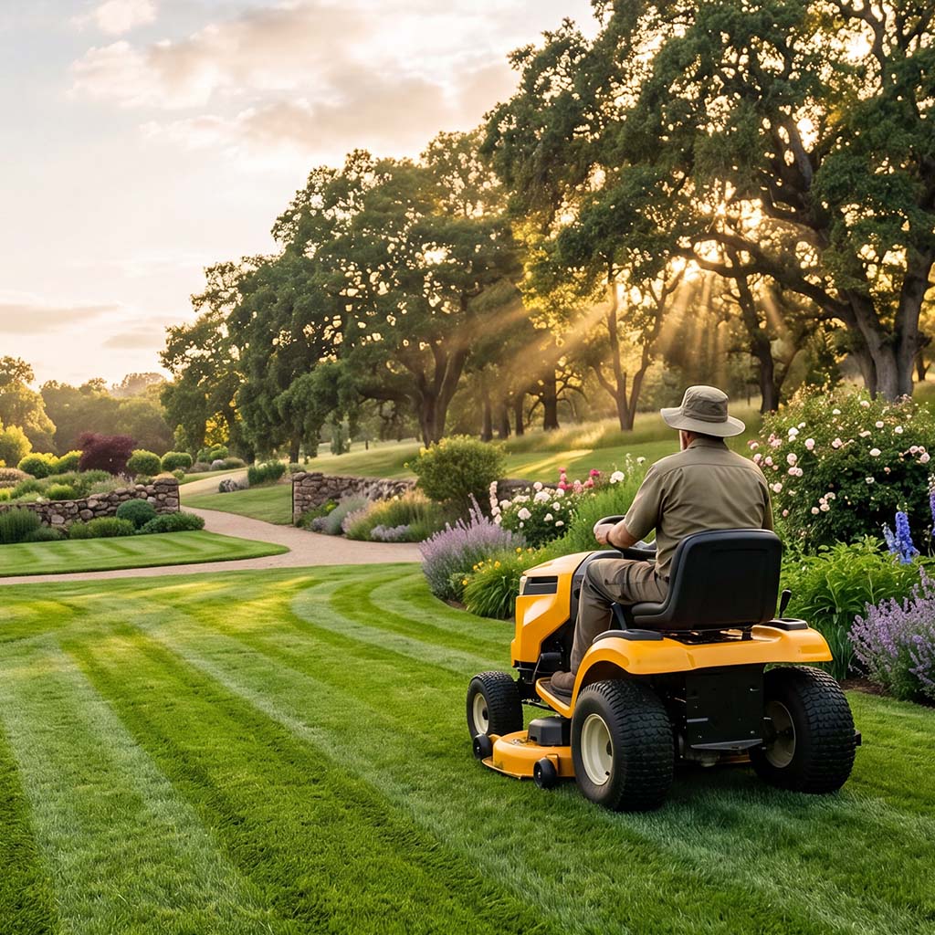 Riding mower on a nicely cut lawn